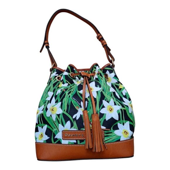 DOONEY & BOURKE Black Daffodil Tassel Drawstring Bucket Bag Brown Leather Trim - Picture 1 of 15